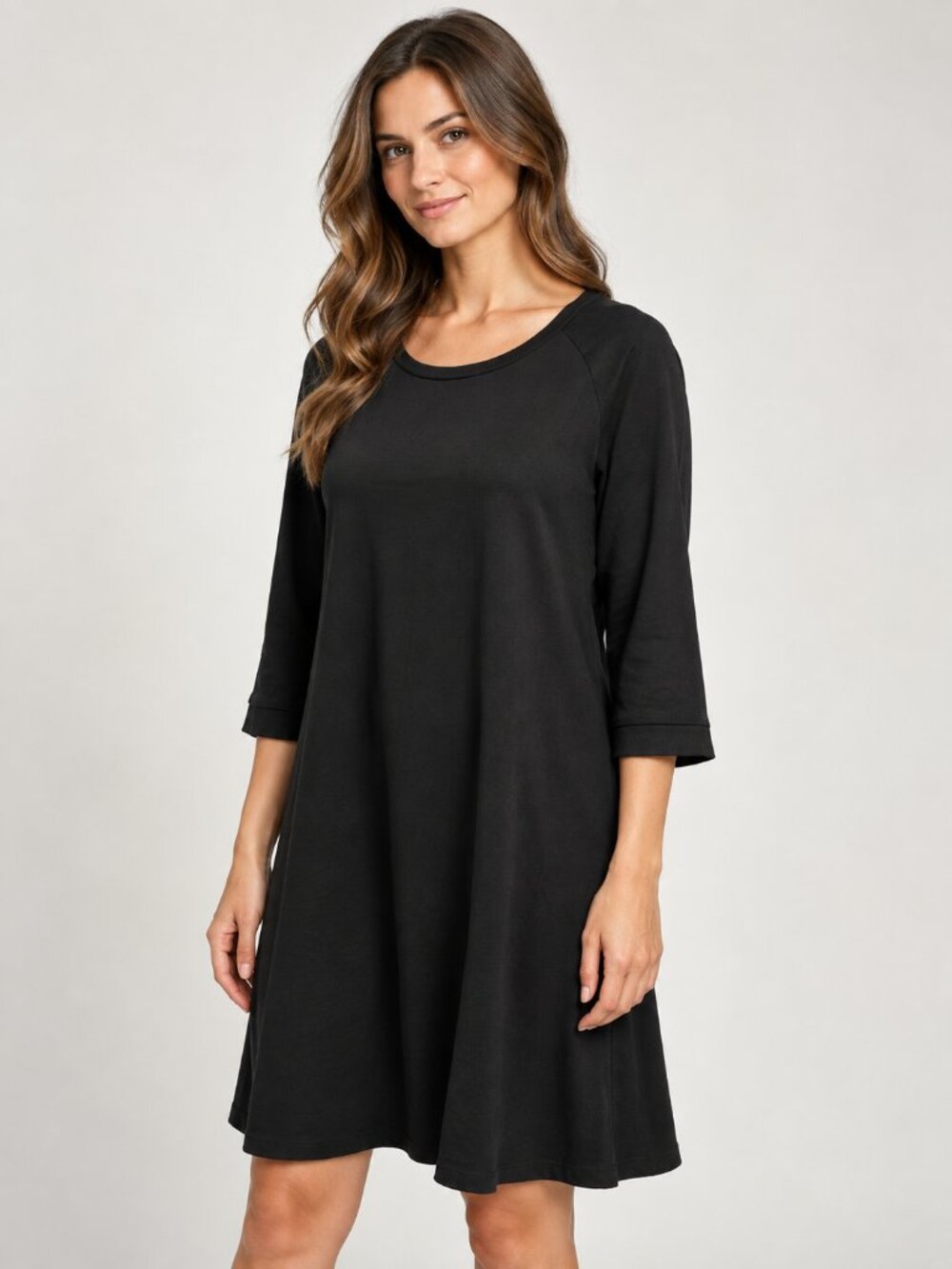 Beatrice B Black A-Line Dress 3/4 Sleeve Made in Italy Minimalist Designer